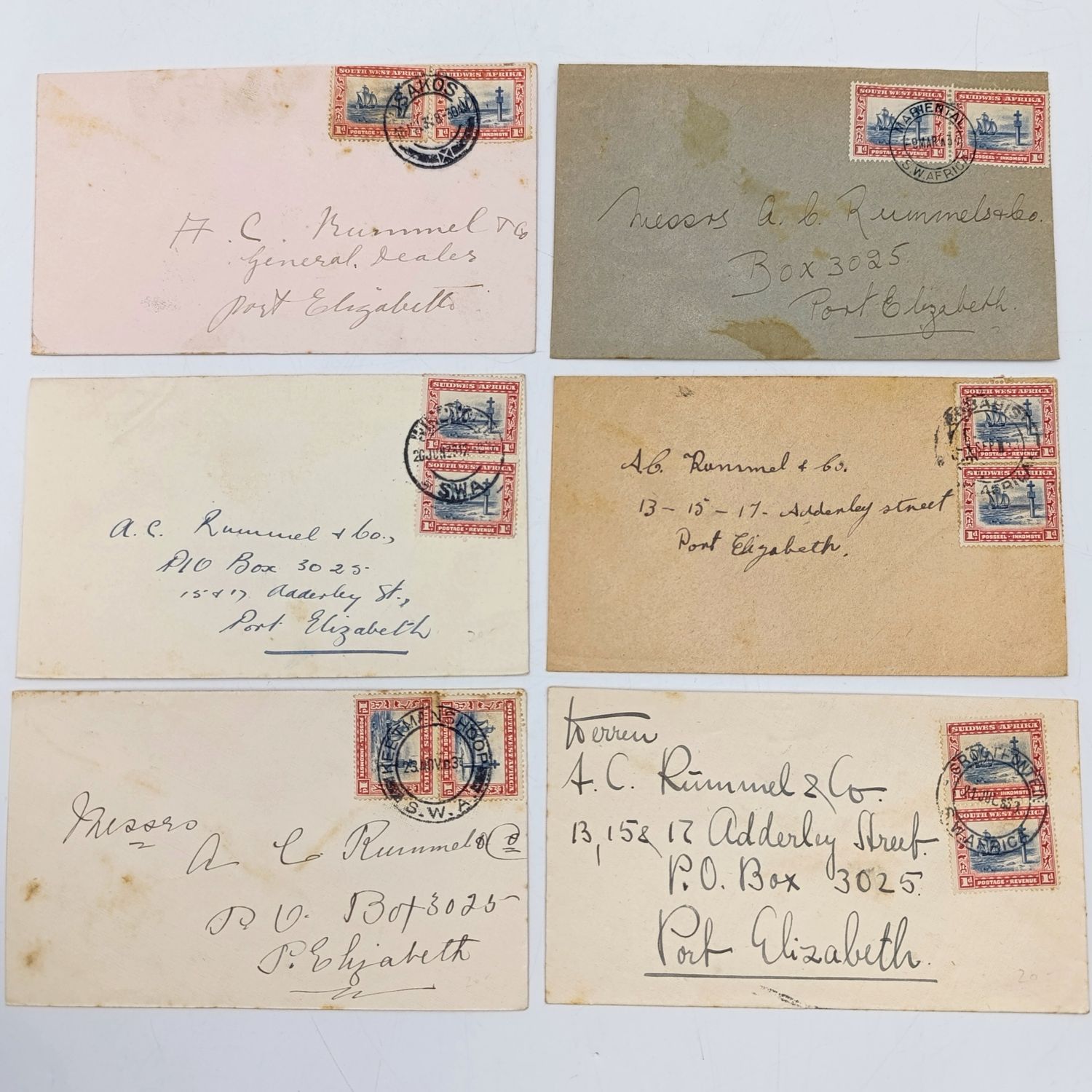 Lot of 6 Vintage 1930&#39;s South West Africa covers - all with 1d stamps in English and Afrikaans Posted in Gobabis, Keetmanshoop, Windhoek, Mariental, Grootfontein en Usakos
