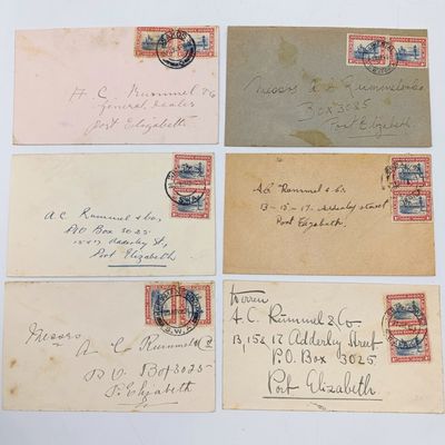 Lot of 6 Vintage 1930&#39;s South West Africa covers - all with 1d stamps in English and Afrikaans Posted in Gobabis, Keetmanshoop, Windhoek, Mariental, Grootfontein en Usakos