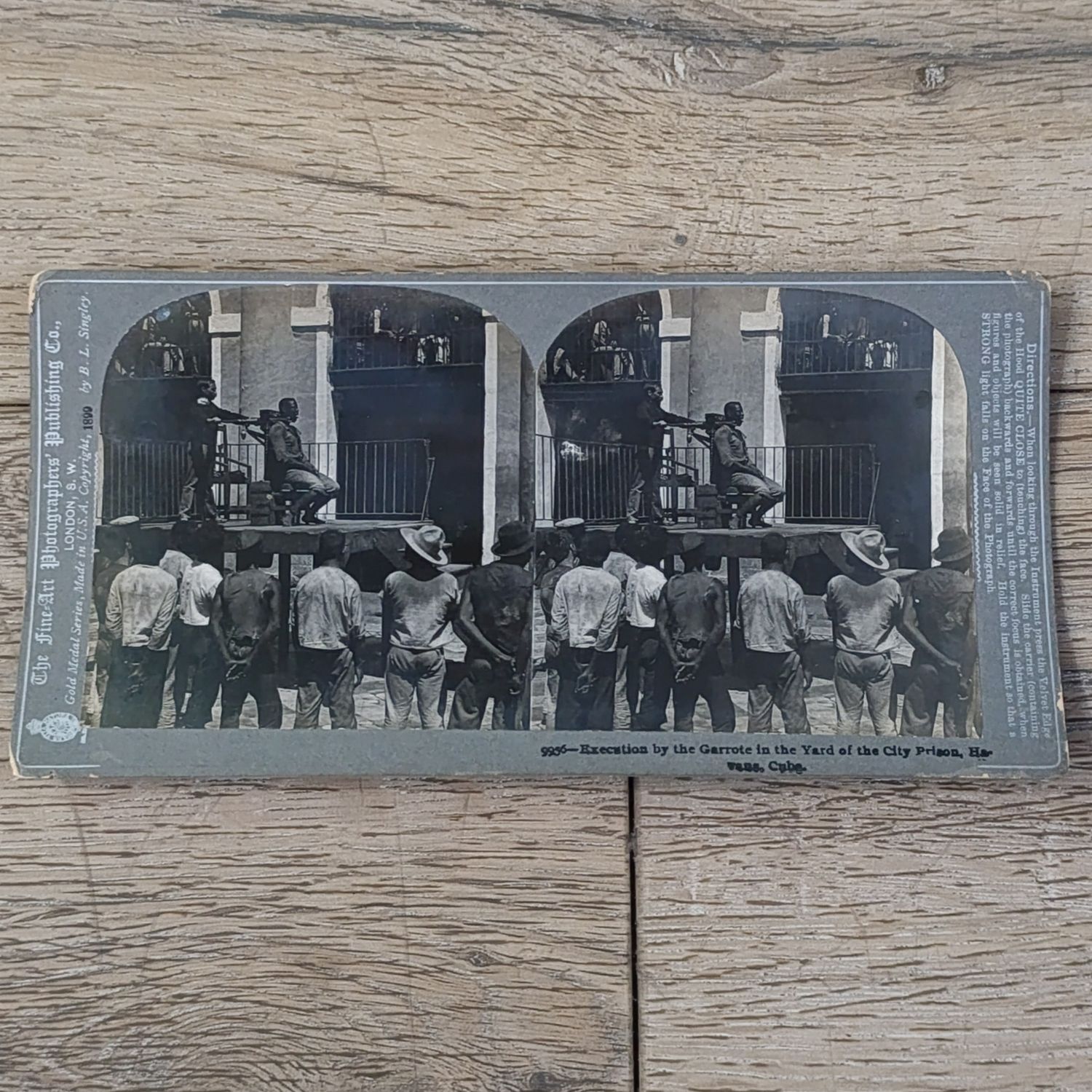 Antique stereoscope card #9956 Execution by the Garrote in the Yard of the City Prison, Havana, Cuba
