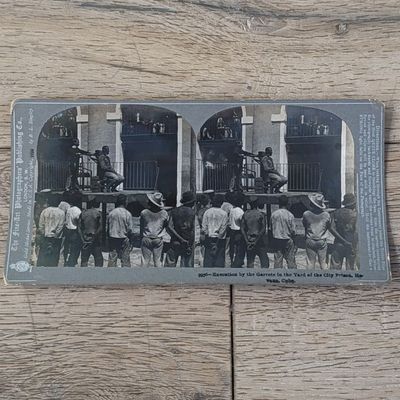 Antique stereoscope card #9956 Execution by the Garrote in the Yard of the City Prison, Havana, Cuba