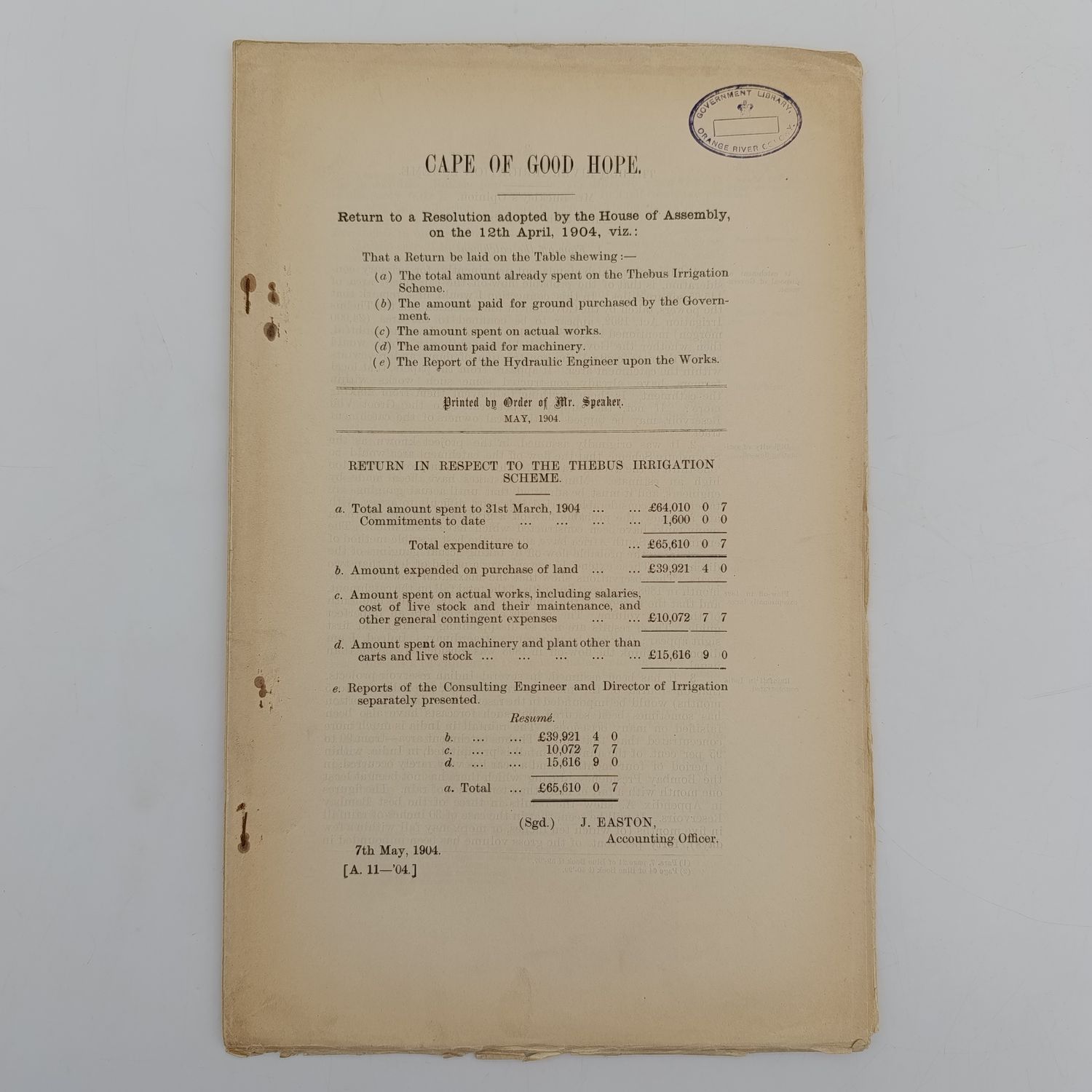 Cape of Good Hope 1904 Return in respect to the Thebus irrigation scheme