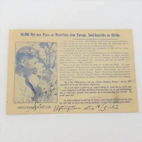 1952 - Signed card - Siegfried Schutze 96000 Miles by bike and motorbike through Europe