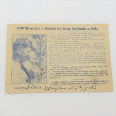 1952 - Signed card - Siegfried Schutze 96000 Miles by bike and motorbike through Europe
