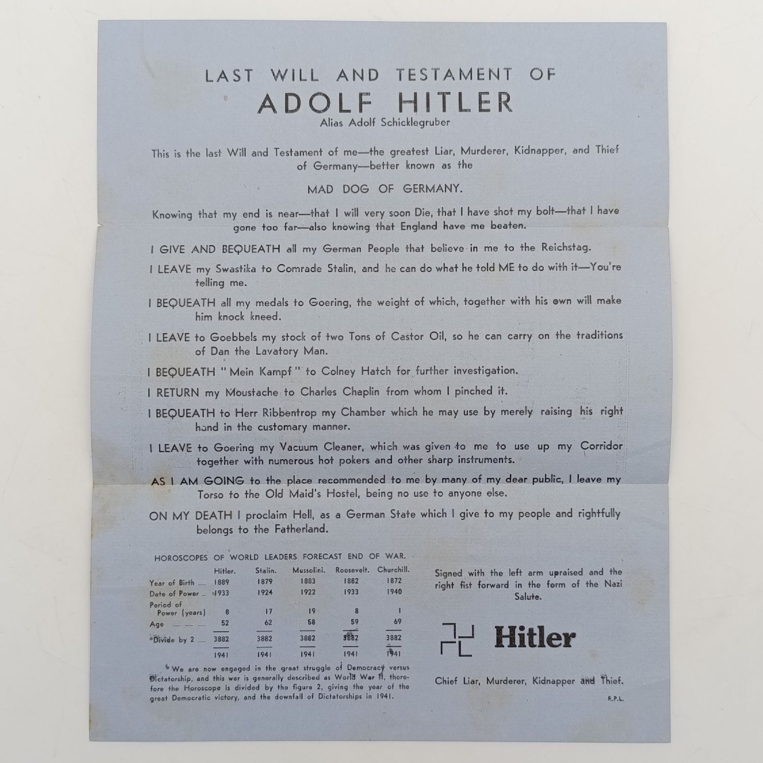 WW2 Propaganda leaflet - Last will and Testament of Adolf Hitler
