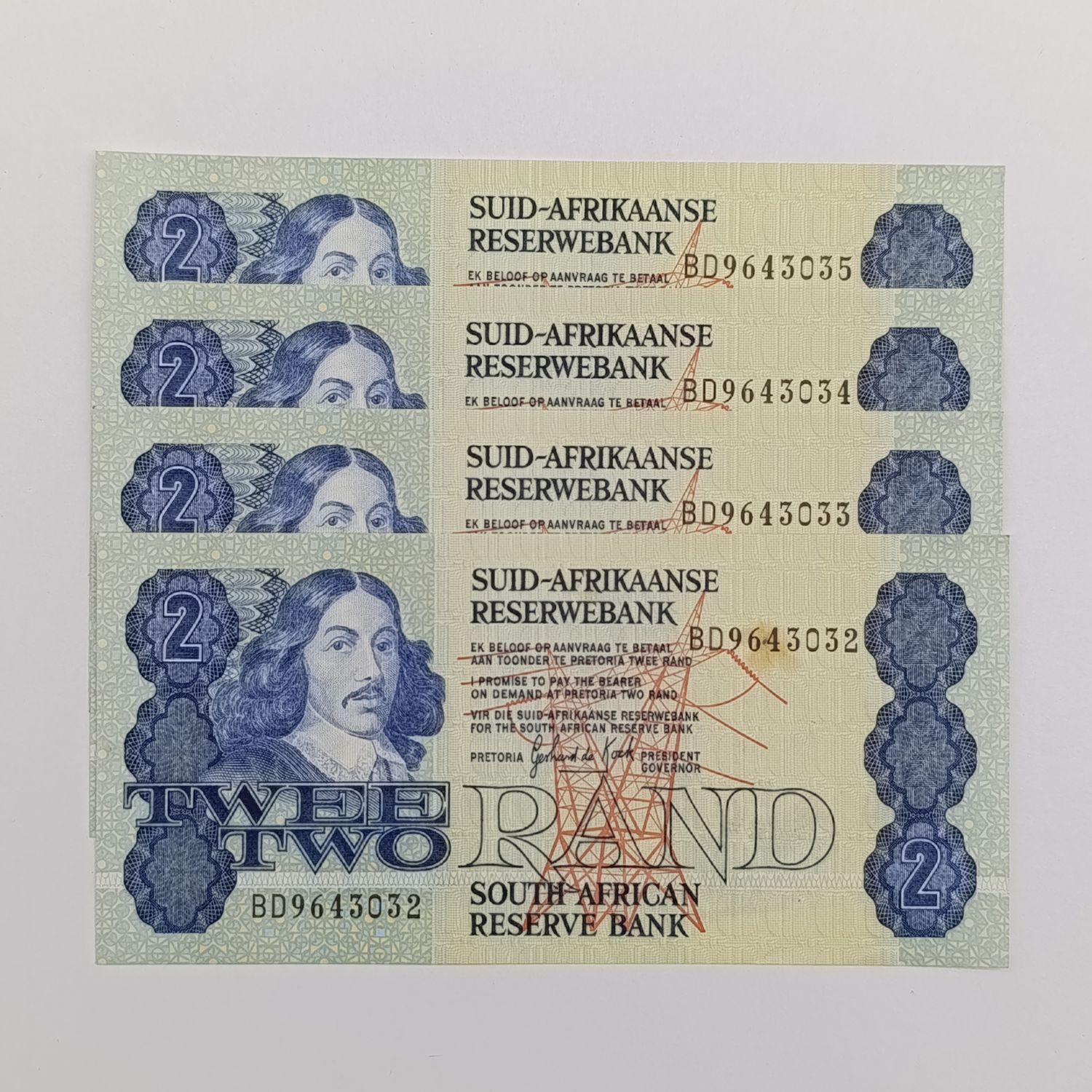 Gerhard de Kock lot of 4 uncirculated R2 notes with consecutive numbers