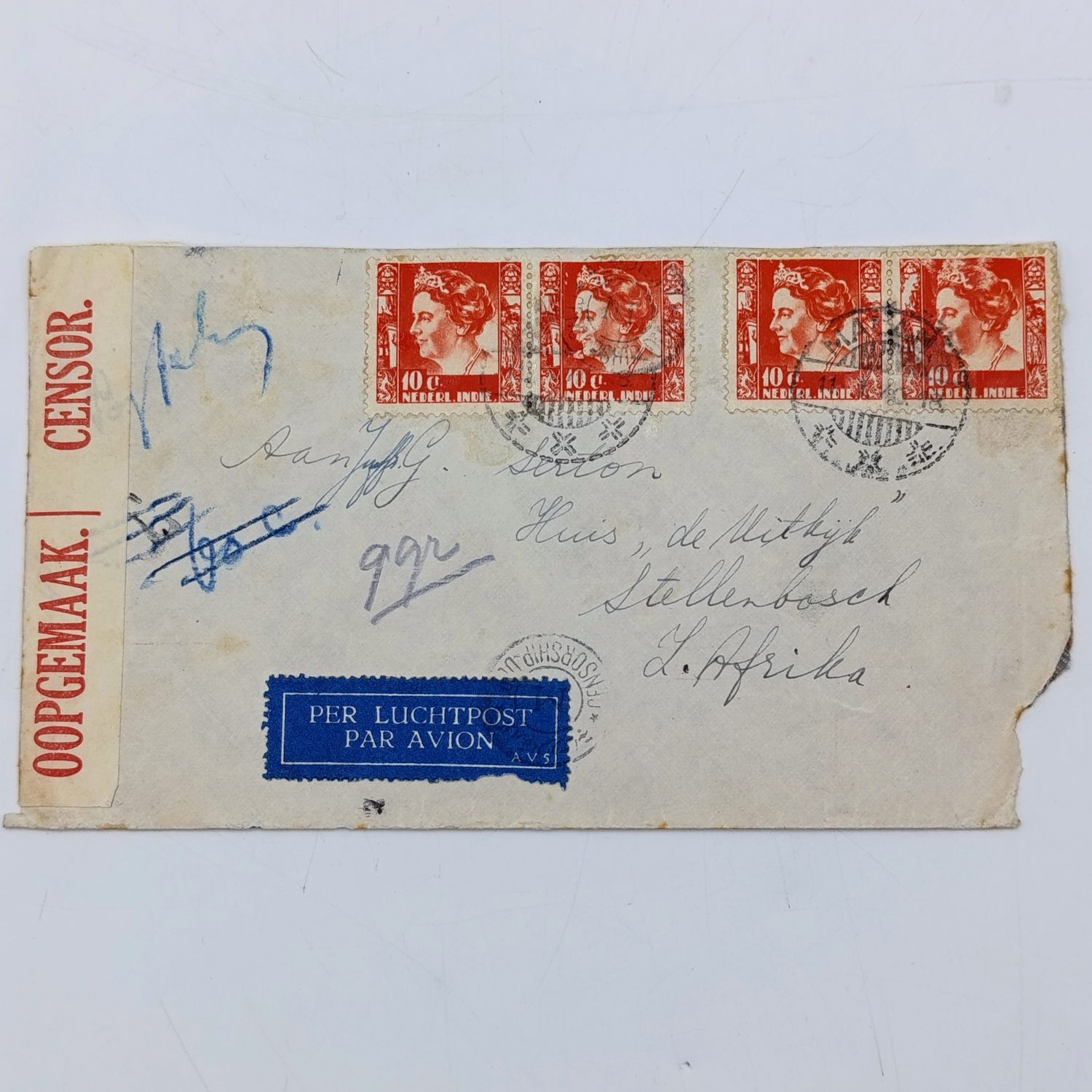 WW2 censored Airmail cover Java to Stellenbosch, South Africa with 4 Netherland India stamps cancelled 11 January 1940 Airmail lable with censorship cancellation