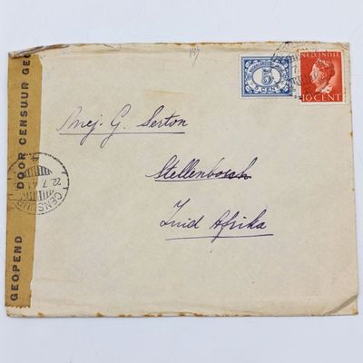 Censored WW2 cover Batavia to Stellenbosch, South Africa - Netherlands censor lable and 2 Ned India stamps Posted 21 July 1941 Censored 27 July 1941