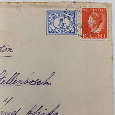 Censored WW2 cover Batavia to Stellenbosch, South Africa - Netherlands censor lable and 2 Ned India stamps Posted 21 July 1941 Censored 27 July 1941
