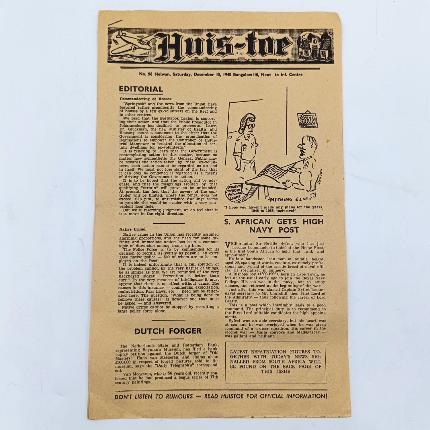 Original SA Forces newspaper at end of WW2 - HUIS-TOE - with  repatviation figures page - Printed in Cairo