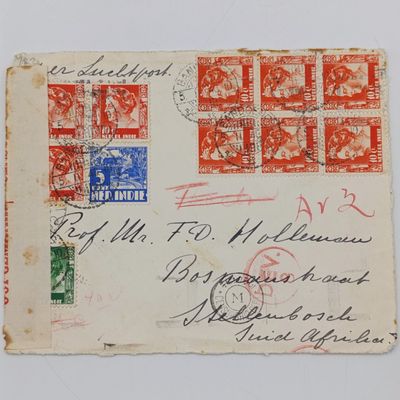 Airmail front with censor label plus Dev 8 and censorship Dept cancellations Bandoeng, Java to Stellenbosch, South Africa 11 Netherland India stamps cancelled 5 November 1940