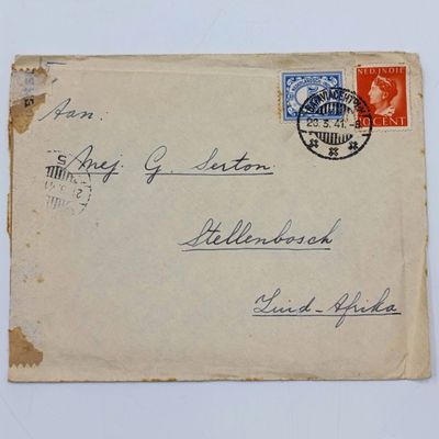 Postal cover Bataviacentrum to Stellenbosch, South Africa - Censored and posted 20 March 1941 - Union of South Africa censor label and 2 Netherlands India stamps