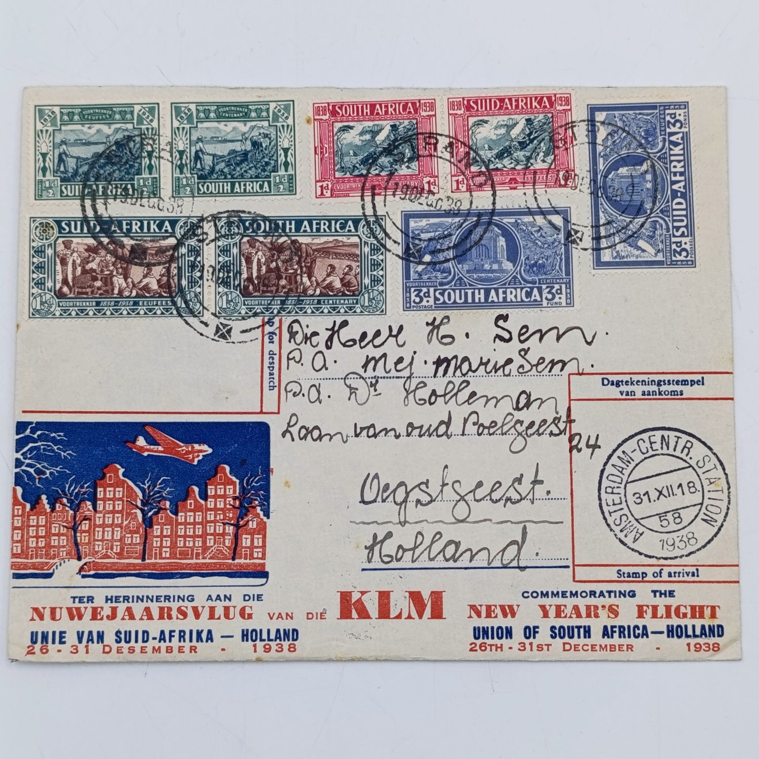 Commemorating New Years Flight Cover - Union of South Africa to Holland with SACC 75-80 stamps cancelled strand 19 December 1938