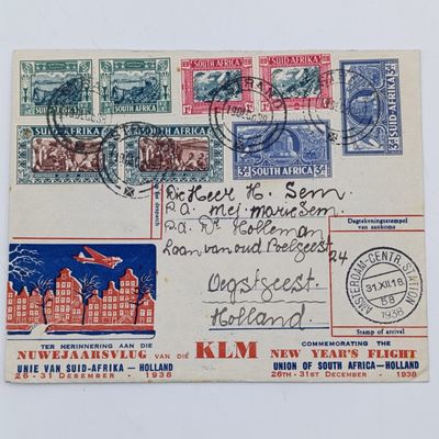 Commemorating New Years Flight Cover - Union of South Africa to Holland with SACC 75-80 stamps cancelled strand 19 December 1938