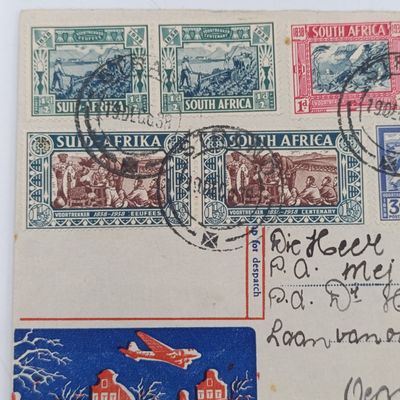Commemorating New Years Flight Cover - Union of South Africa to Holland with SACC 75-80 stamps cancelled strand 19 December 1938