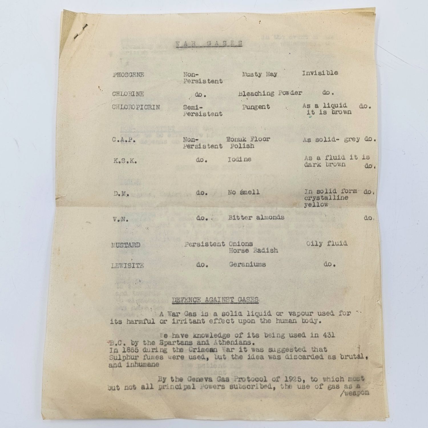 WW2 document for defence against gases