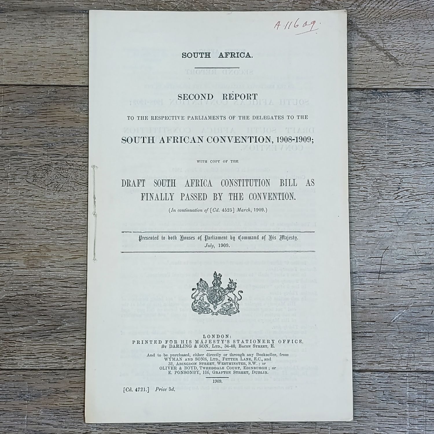 South Africa Original Second Report of the Draft Constitution Bill 1909 - Presented to both houses of Parliament