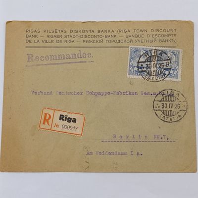 Postal cover RIGA, Latvia to Berlin, Germany with 2 blue Latvia stamps cancelled 30 April 1926 Registration lable - RIGA attached, RECOMMANDEE rubber stamp plus wax seal at the back