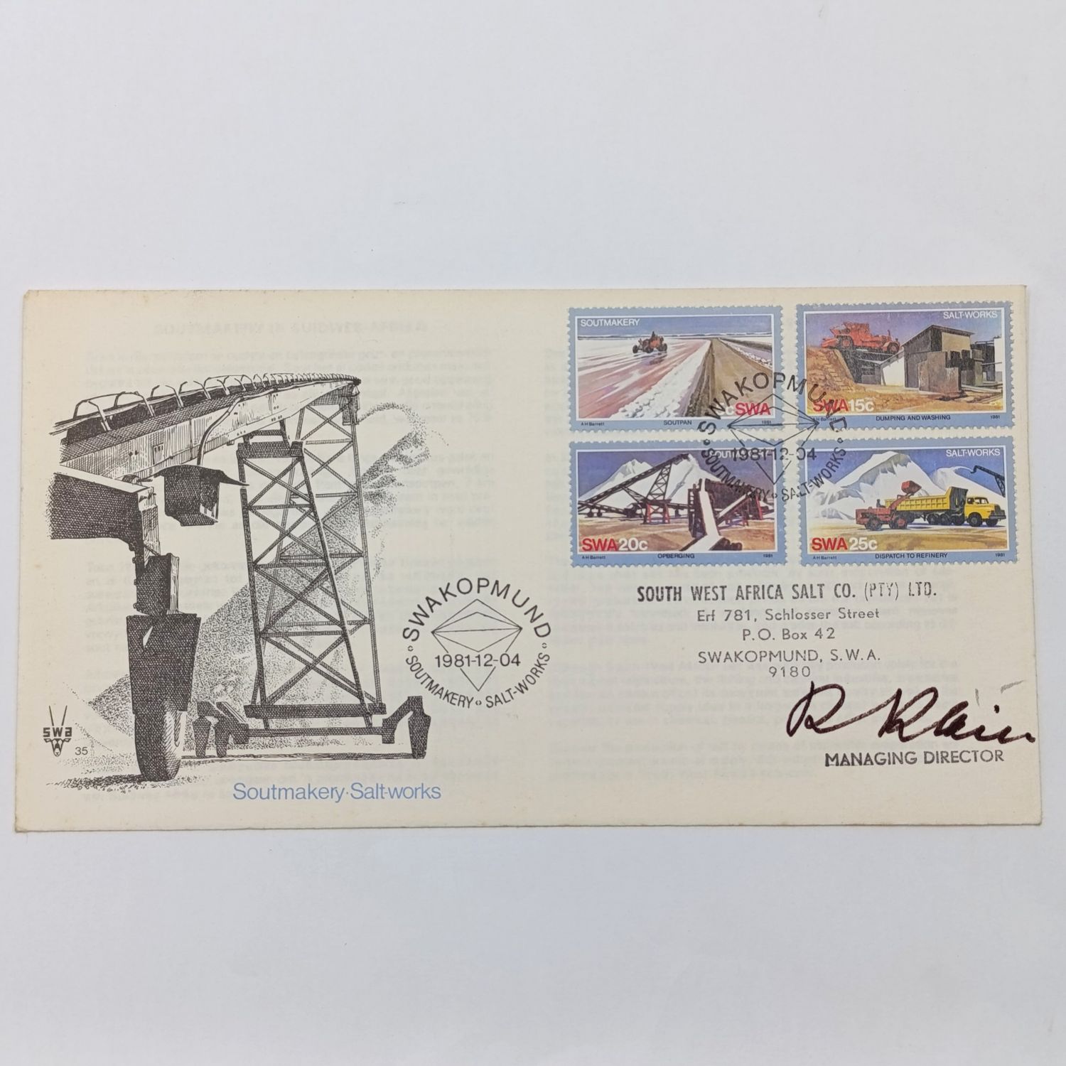 1981 SWA Swakopmund Salt works FDC signed by the Managing Director