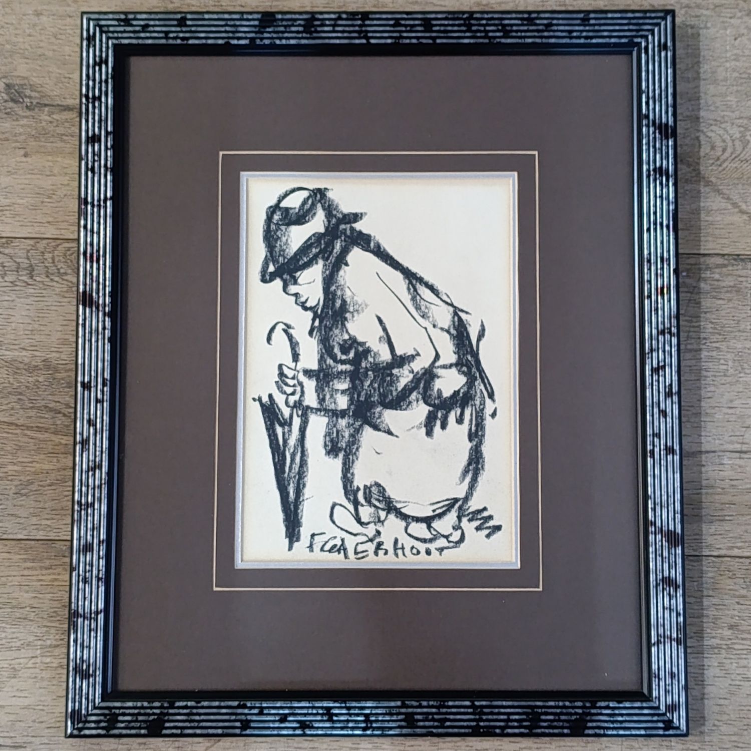 Original Frans Claerhout charcoal painting in frame