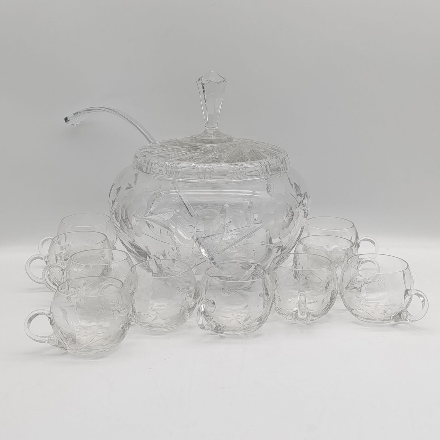 Vintage Lead crystal punch bowl with glass ladle and 10 cups