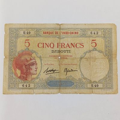 DJIBOUTI 5 Francs banknote - French Somaliland (1926-1938) well worn with tears and holes