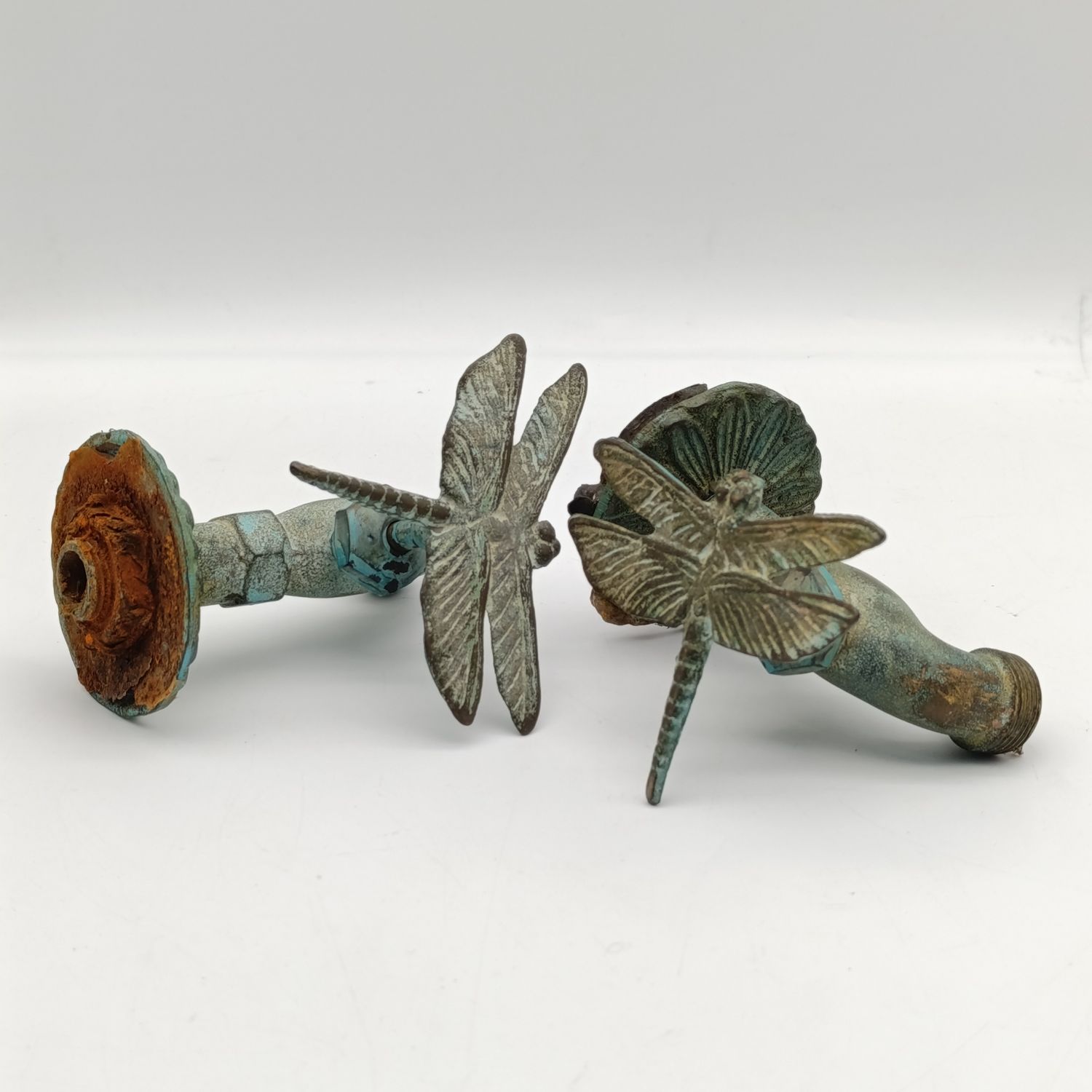 Pair of Antique style copper garden taps with dragonfly handles