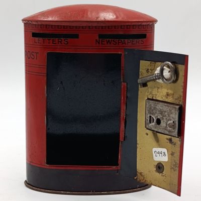 Vintage red Post office money box - with key - Chad Valley tin toys