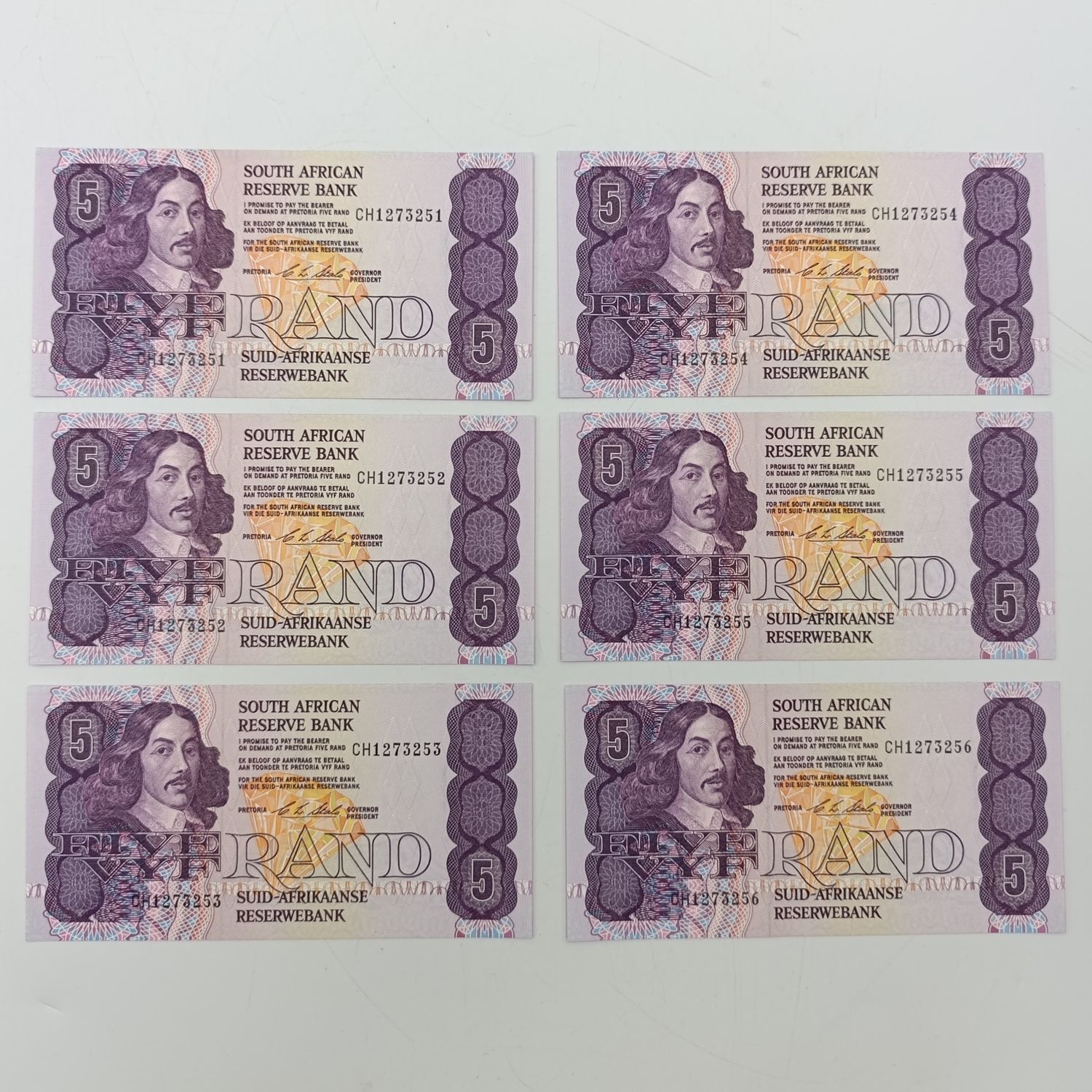 South Africa CL Stals set of 6xR5 banknotes with consecutive numbers uncirculated