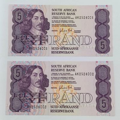 South Africa 3rd Issue GPC de Kock pair of R5 banknotes uncirculated with consecutive numbers