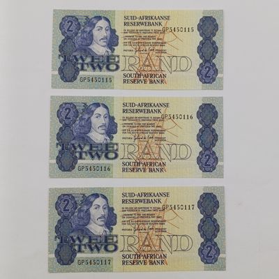 South Africa 3rd Issue GPC de Kock consecutive Lot of 3xR2 banknotes uncirculated