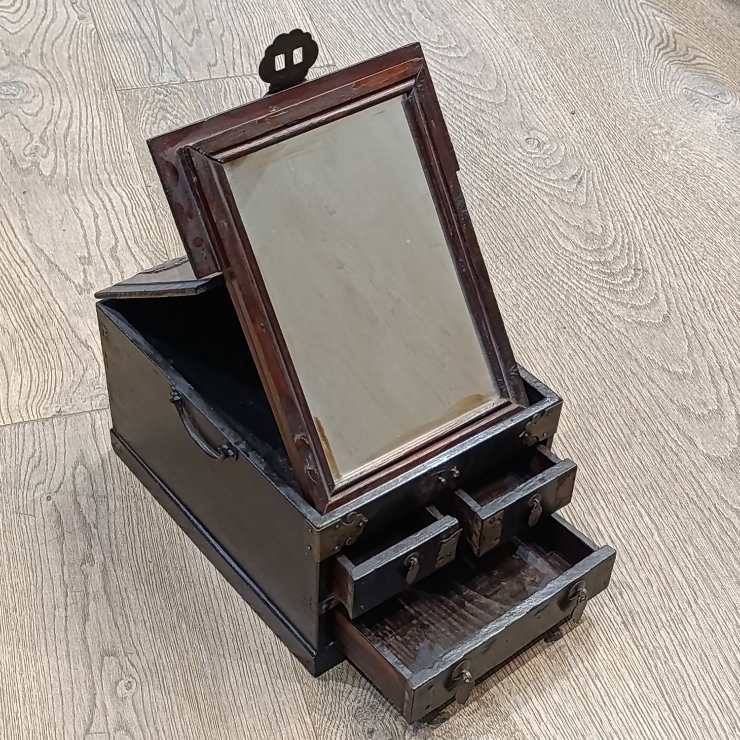 Antique Chinese jewellery box with mirror and 3 drawers