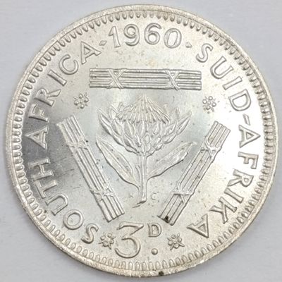 South Africa 1960 scarce 3d tickey uncirculated Low mintage of 21364