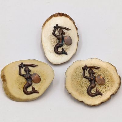 Lot of 3 vintage Mermaid warrior horn brooches