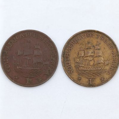 South Africa 1942 pennies with and without dot behind 2
