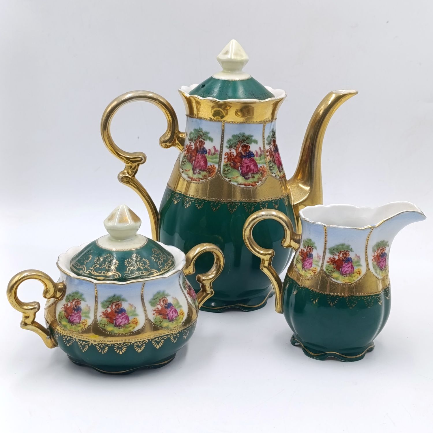 Vintage Gold and Green Limoges style teapot, milk jug and sugar bowl