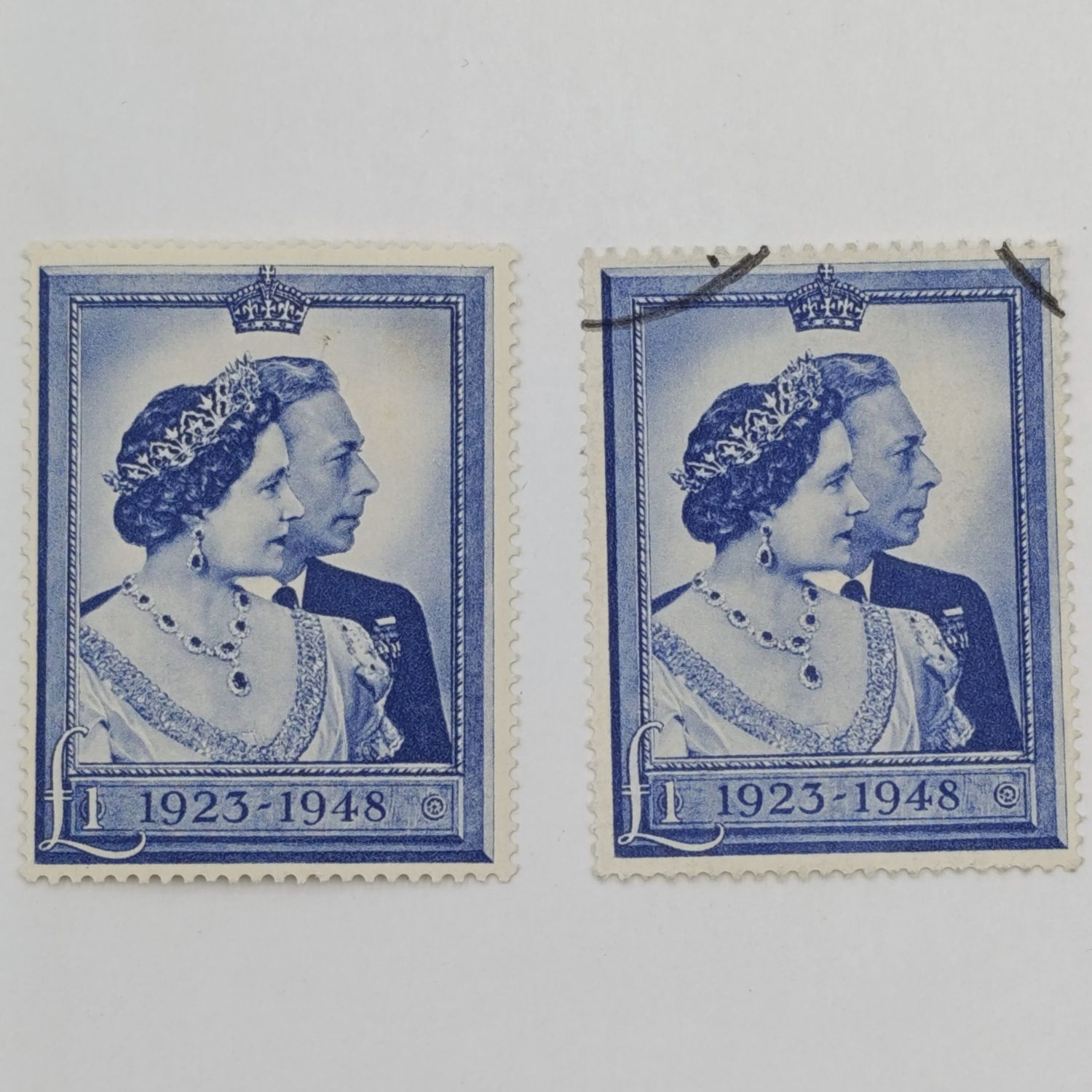Great Britain Royal silver wedding 1 pound mint hinged stamp plus used stamp