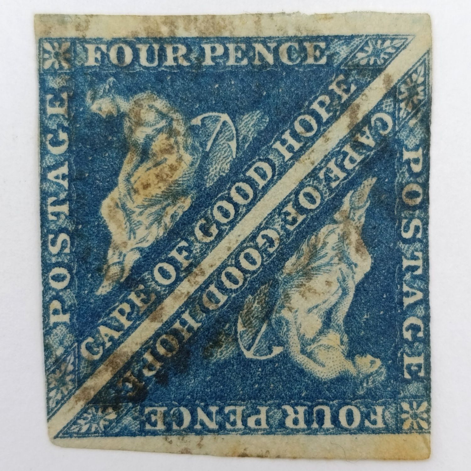 Cape Triangular Four pence uncut pair - dark shade of steel blue - 2 sides no margin