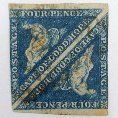 Cape Triangular Four pence uncut pair - dark shade of steel blue - 2 sides no margin