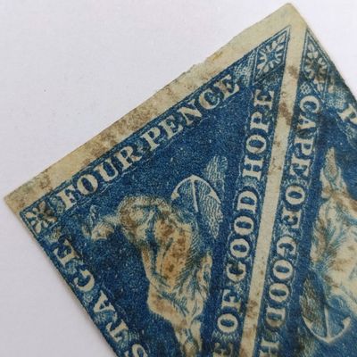 Cape Triangular Four pence uncut pair - dark shade of steel blue - 2 sides no margin