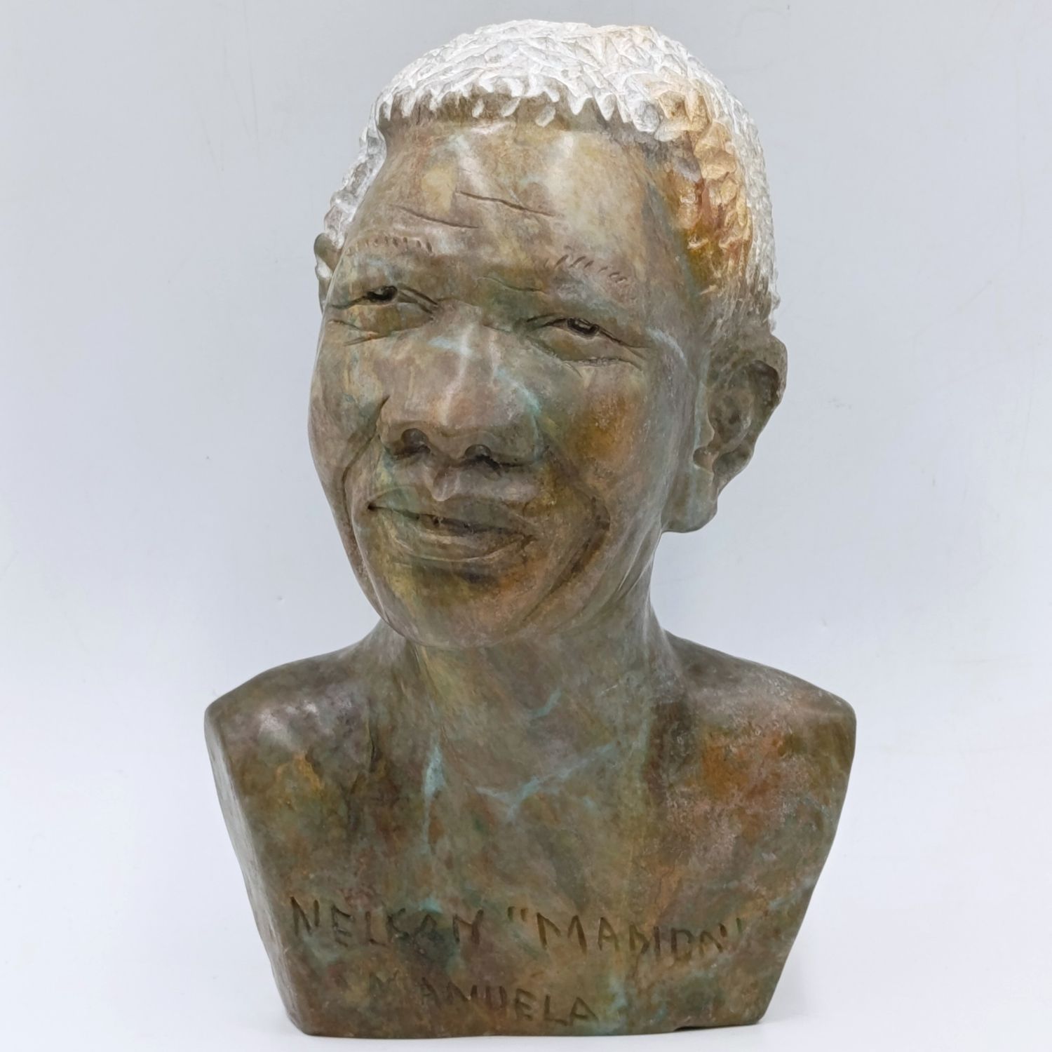 Nelson Mandela serpentine stone bust carving
