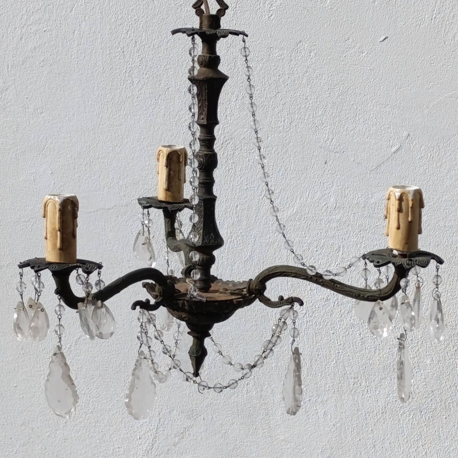 Vintage brass 3-arm crystal chandelier - Collection only