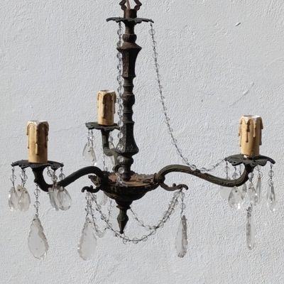 Vintage brass 3-arm crystal chandelier - Collection only