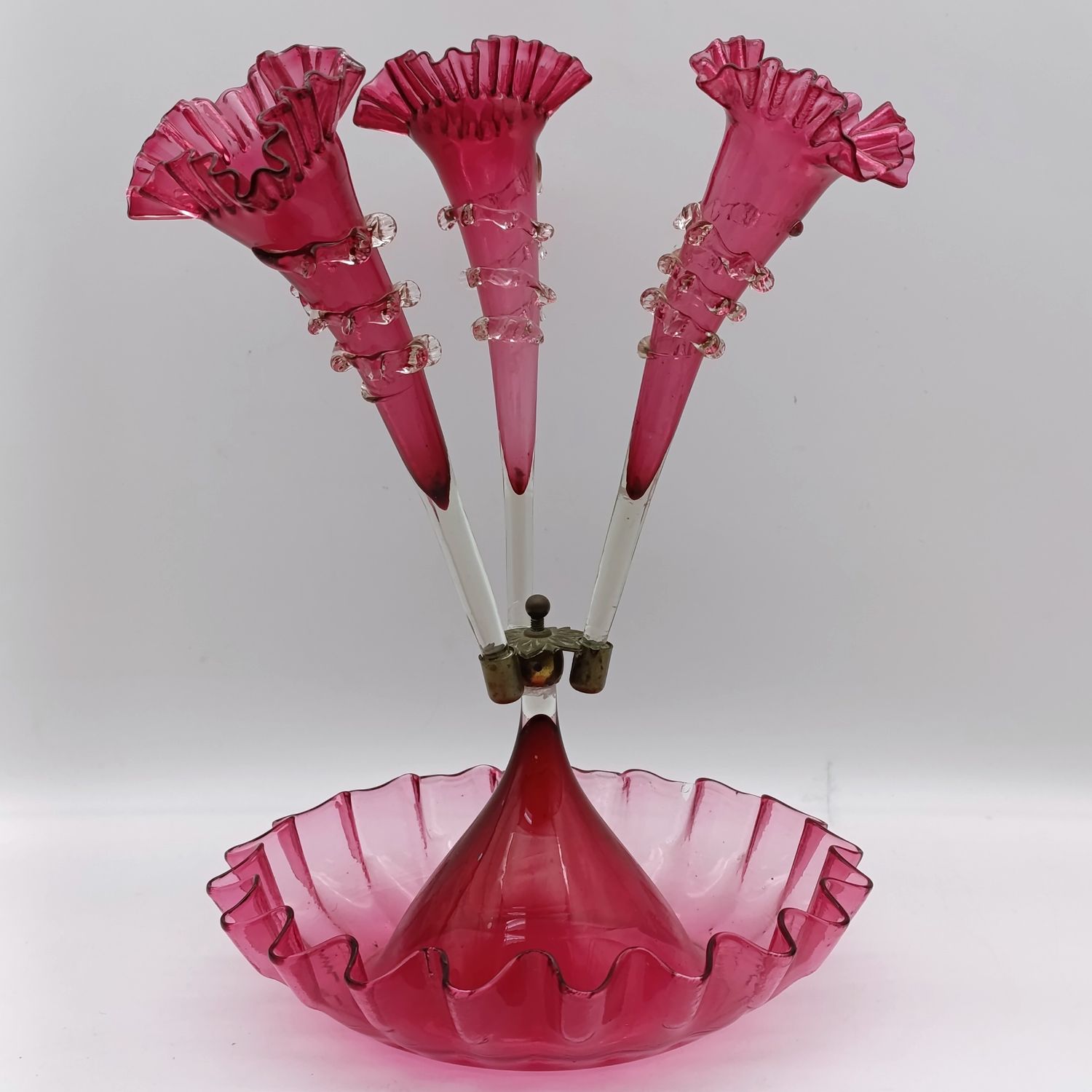 Antique Victorian Cranberry glass epergne - circa 1880 - small decoration leaf piece missing - Collection only