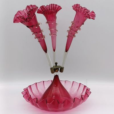 Antique Victorian Cranberry glass epergne - circa 1880 - small decoration leaf piece missing - Collection only