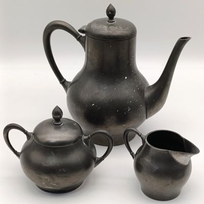 Vintage Metawa Holland Dutch pewter coffee set - Coffee pot, milk jug and sugar bowl