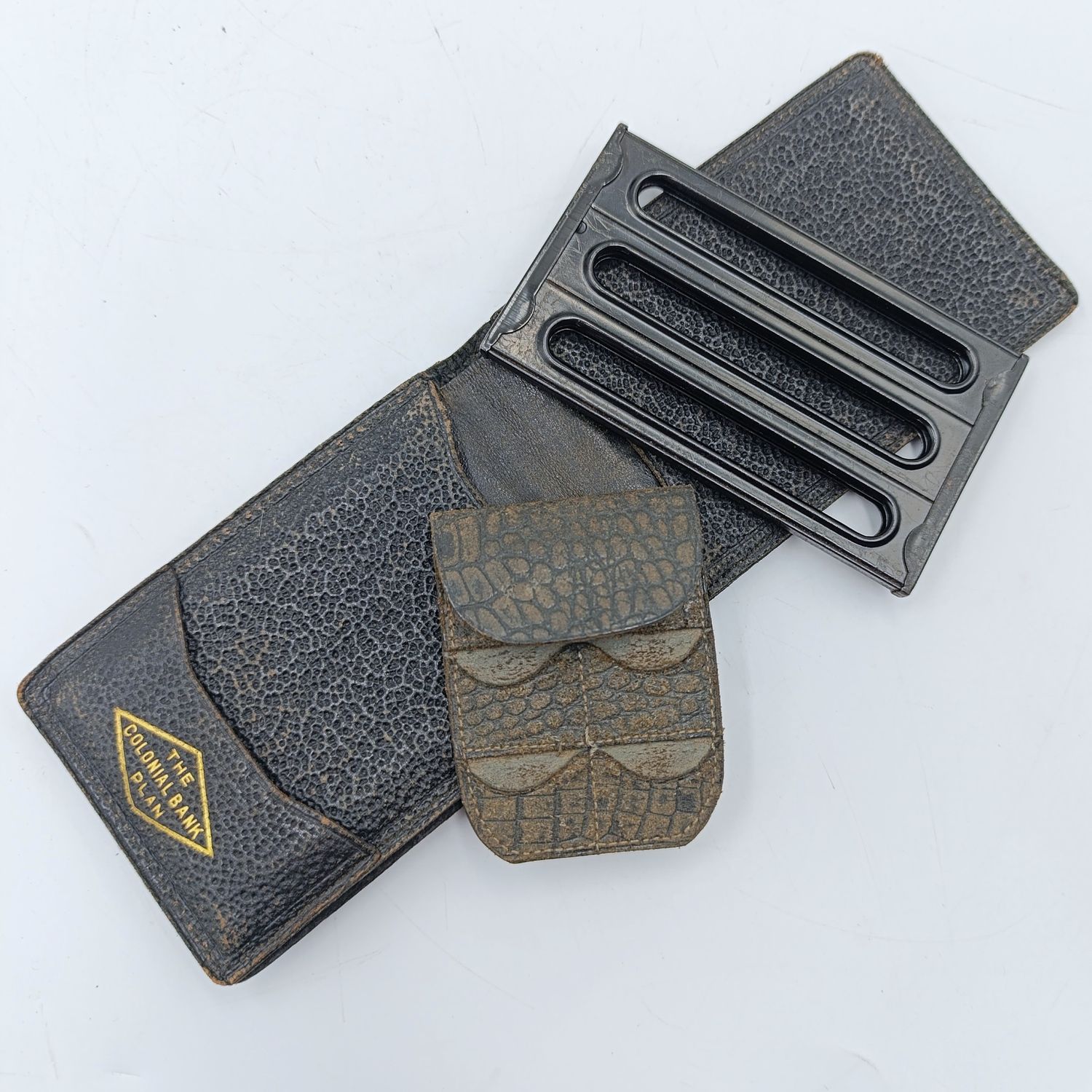 Colonial Bank antique / vintage leather and leatherette purse - unusaal with metal and leatherette coin holders as inserts
