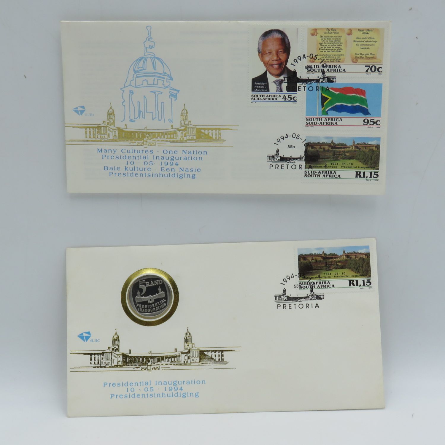 1994 RSA Proof R5 presidential inauguration coin in FDC including FDC 6.3b