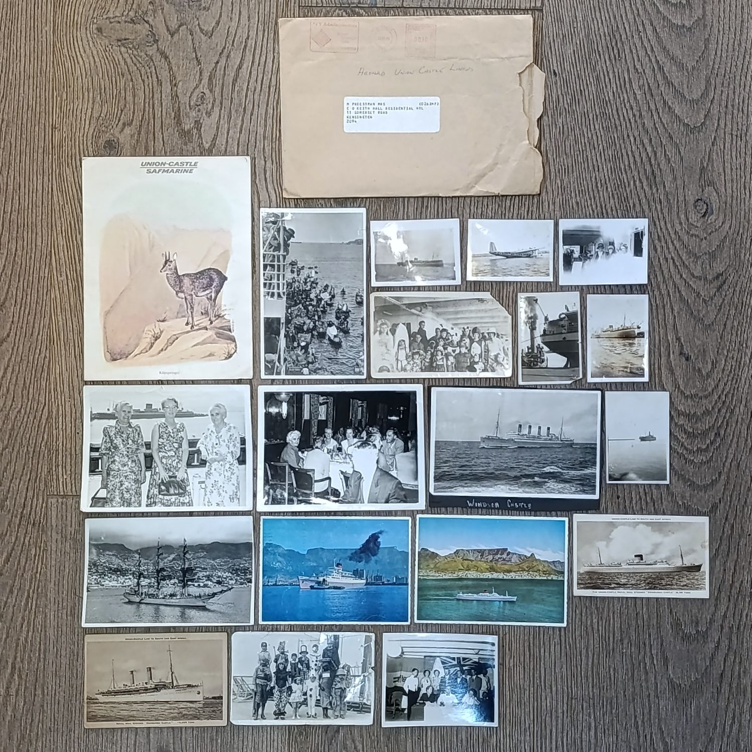 Union Castle Line 1974 Pendennis Castle menu plus 17 photos and cards dating back as far as 1932