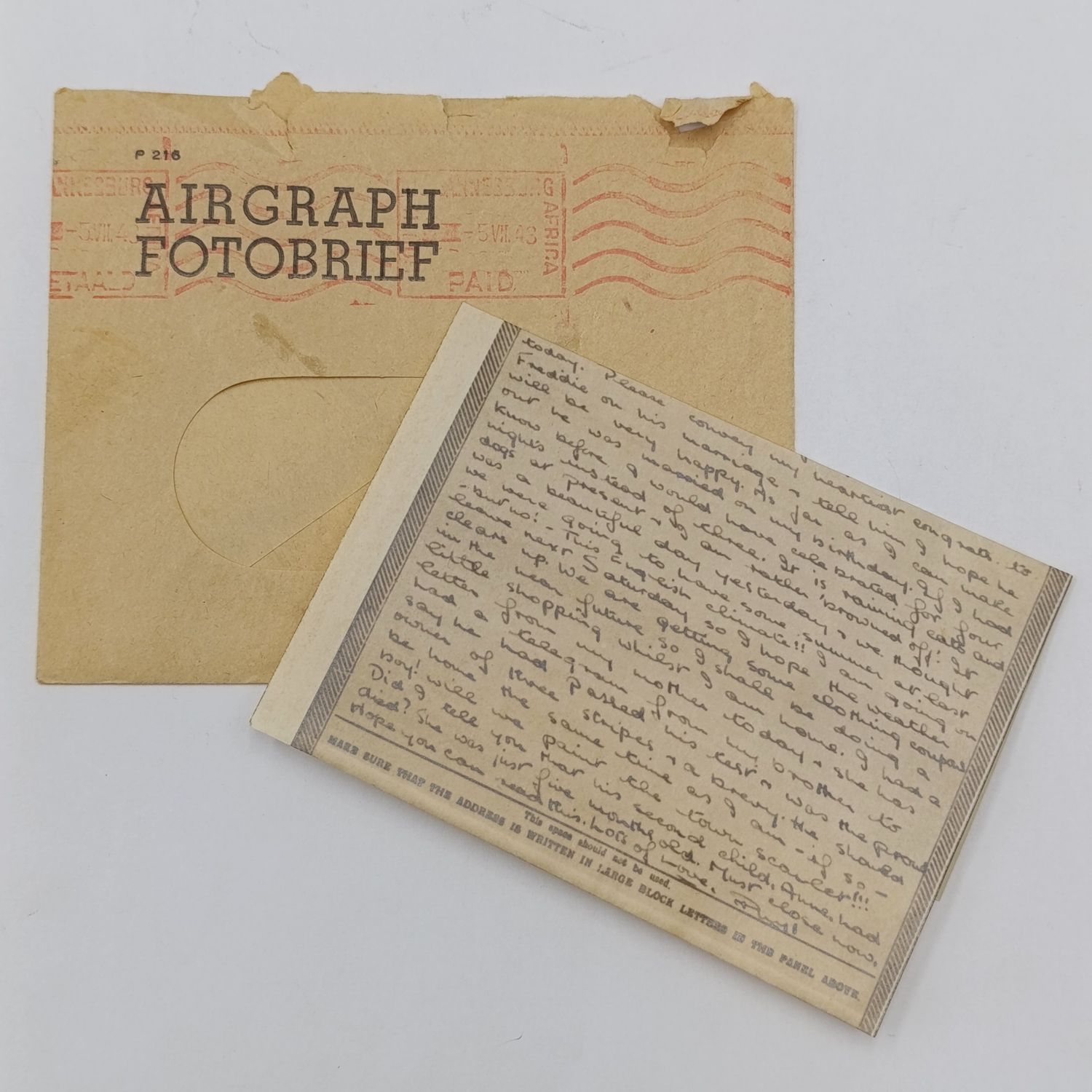 WW2 Airgraph - 1943 cirencester UK to Johannesburg, South Africa