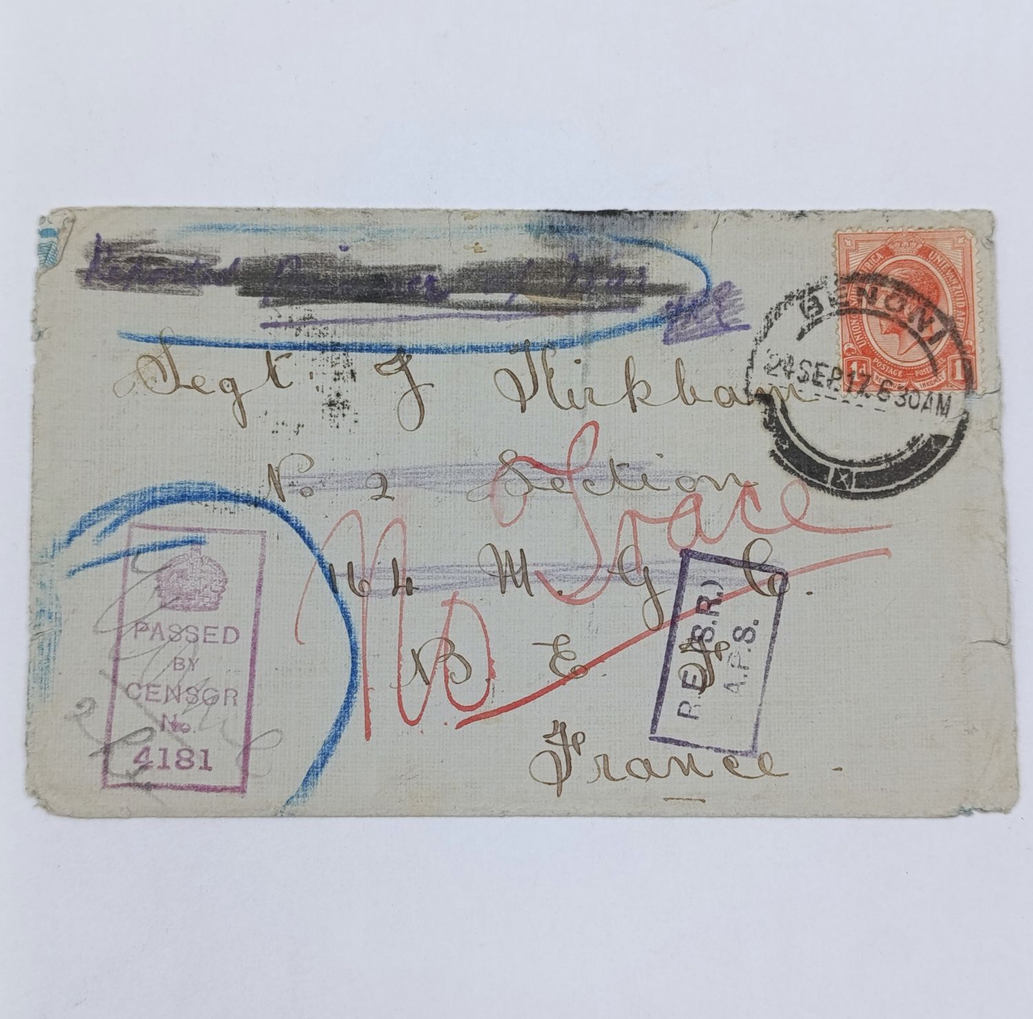 WW1 Postal cover censored and posted 24 September 1917 Benoui, South Africa to France marked No Trace on front and backstamped Machine Gun Corps